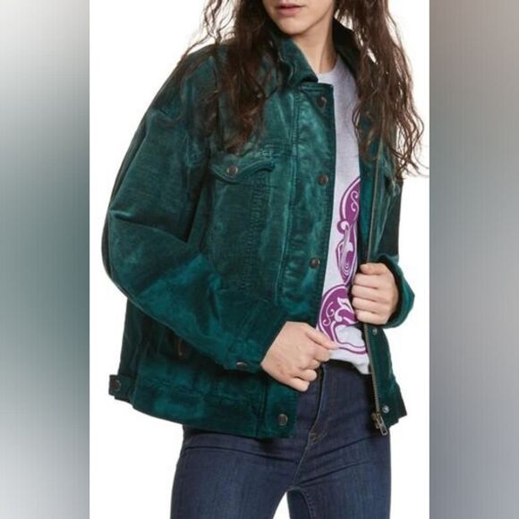 Free People Emerald Green Glam Velvet Trucker Jacket with Silver Button… - Picture 2 of 14